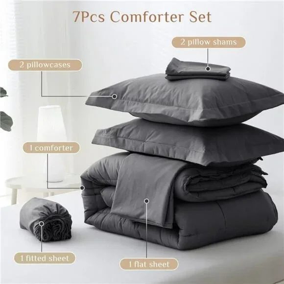 Queen Comforter Set 7 Piece Bed in a Bag Soft Down Alternative Dark Grey